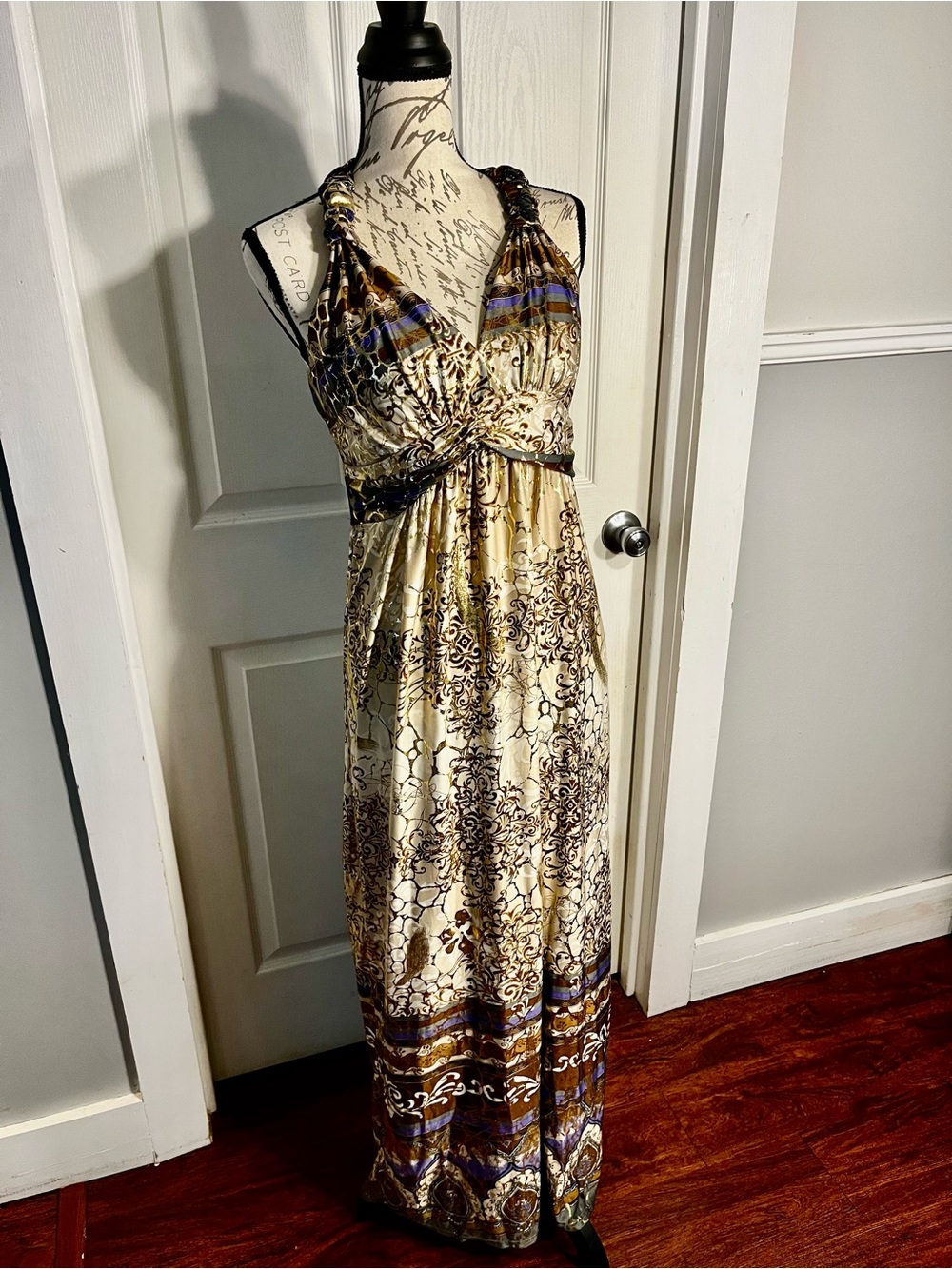 Shoreline Bohemian Printed Halter Maxi Dress - Beige, Purple & Gold foil S/M - Picture 5 of 16